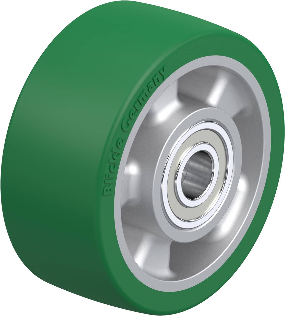 Grünes Rad mit silberner Felge und Kugellager, Seitenansicht. Text 'Blickle Germany' ist auf der Seite sichtbar.