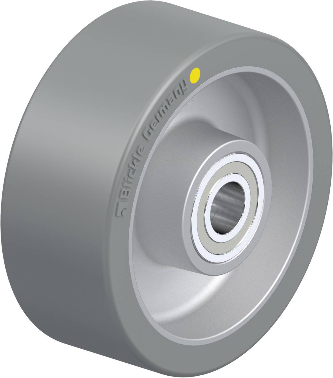 Metallrad mit grauem Reifen, zentralem Wälzlager und gelbem Punkt auf der Seitenfläche.
