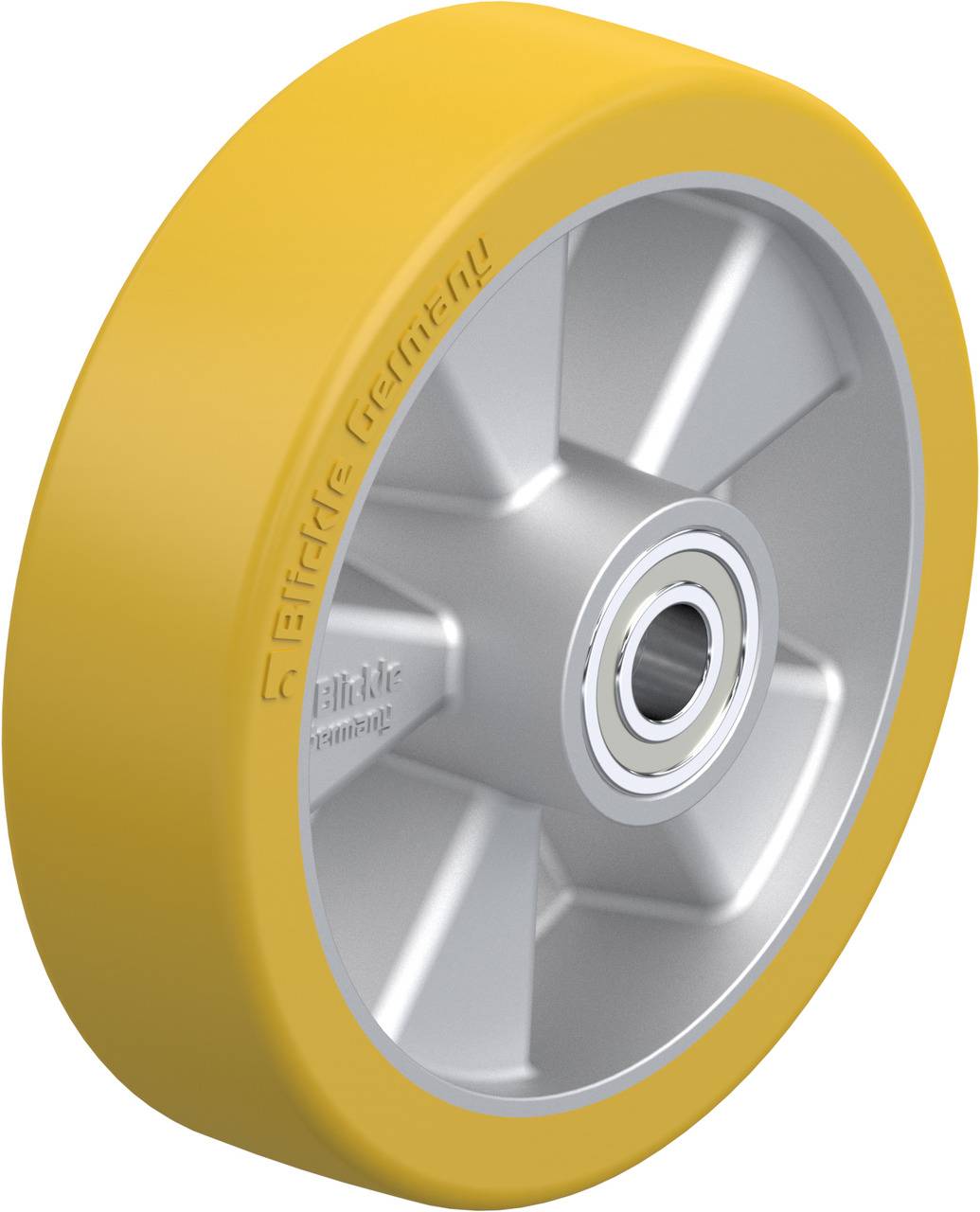 Gelbes Rad mit silberner Felge und Kugellager. Design für industrielle Anwendungen, robust und für hohe Belastungen ausgelegt.