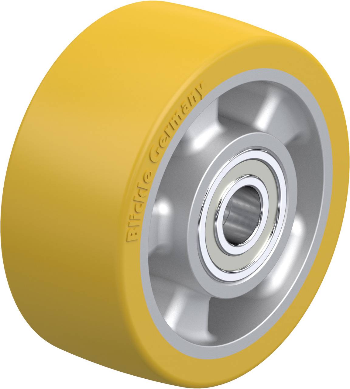 Gelbes Gummi-Rad mit silbernem Metallkern und sichtbarem Kugellager, geeignet für Rollen oder Skateboards.