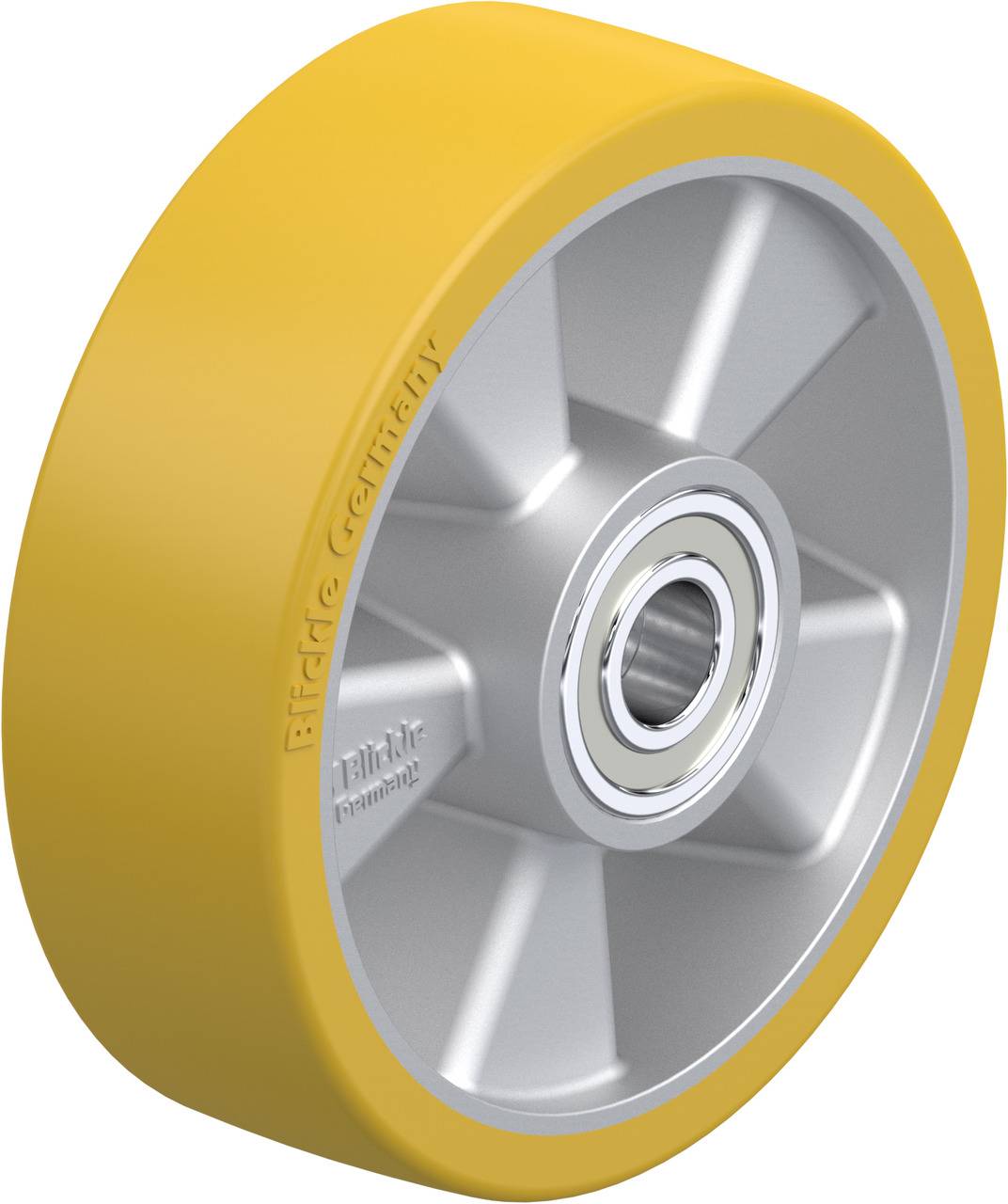 Gelbes Rad aus Kunststoff mit Metallkern und Kugellager, geeignet für industrielle Anwendungen.