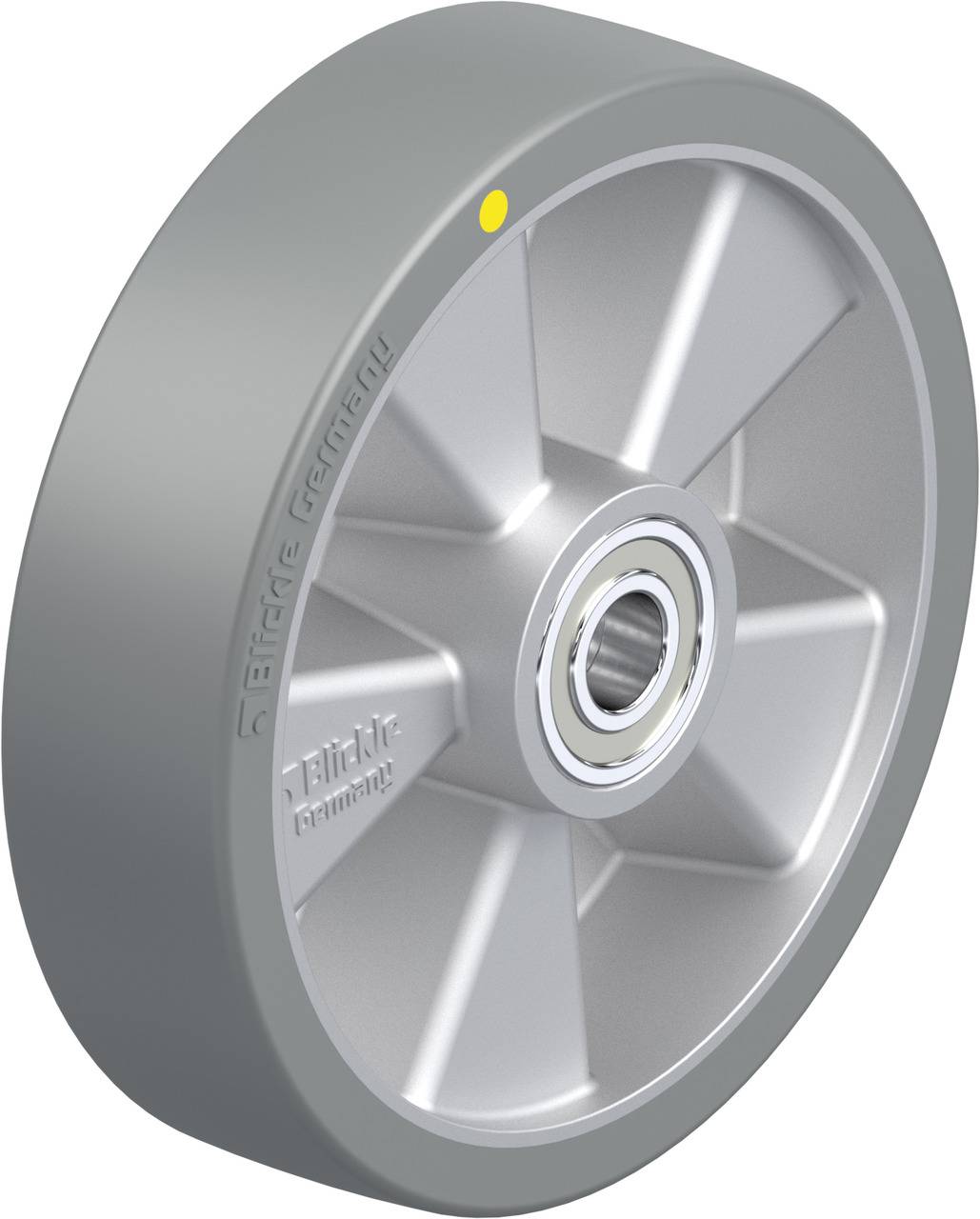 Ein graues Rad mit robustem Design und Kugellager, geeignet für industrielle Anwendungen. Markiert mit gelbem Punkt für Identifikation.