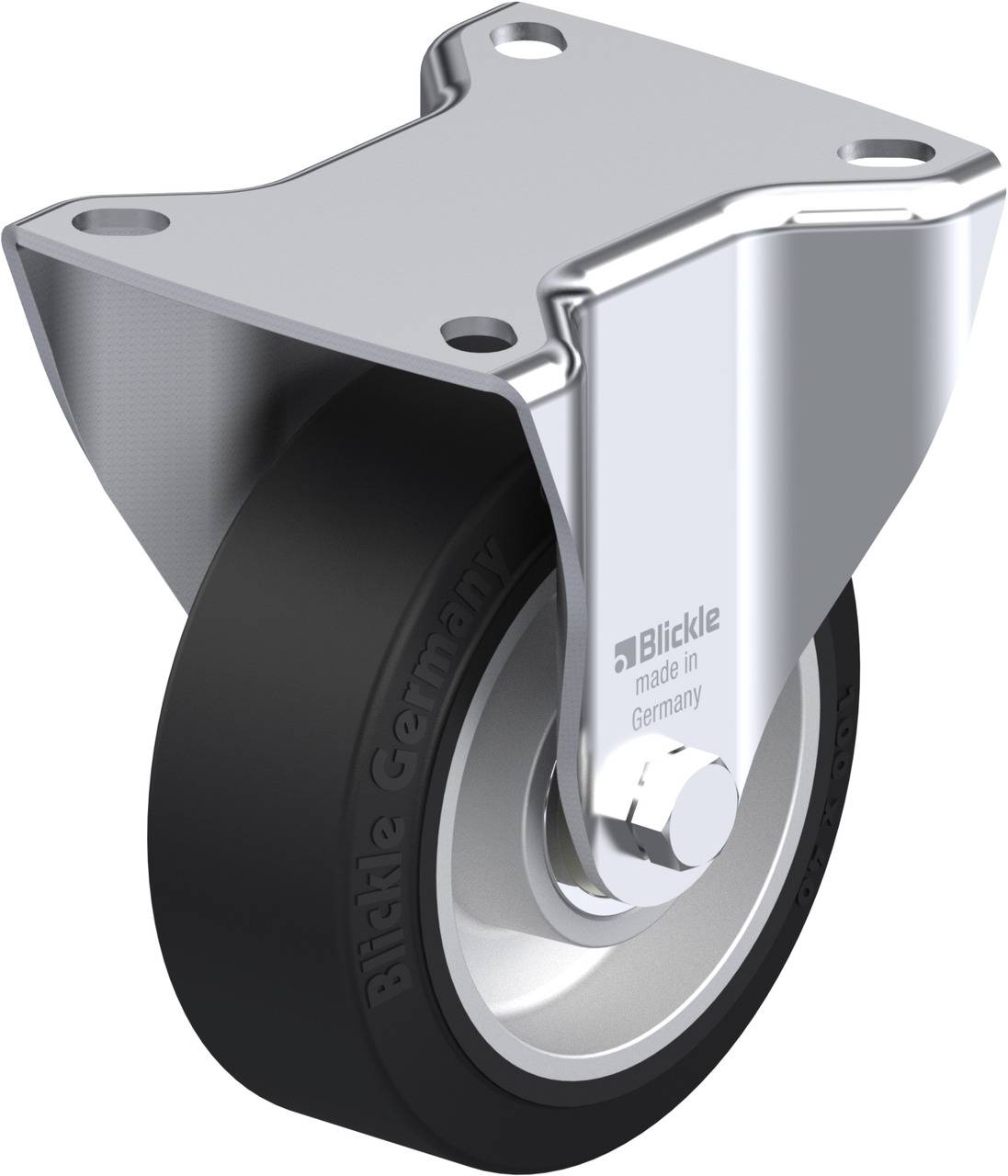 Metallisches Lenkrollenrad mit schwarzem Reifen und silberner Halterung, beschriftet mit 'Blickle made in Germany'.