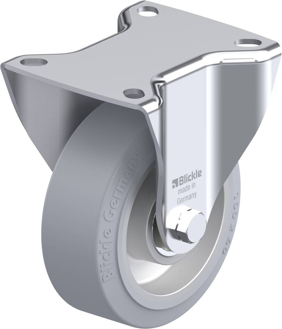 Schwenkrolle aus Metall mit grauem Rad, geeignet für industrielle Anwendungen. Text auf dem Rad: 'Blickle, made in Germany'.