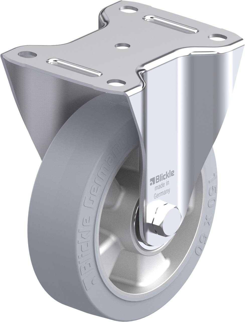 Metallrolle mit grauem Gummirad und Aufhängung. Auf dem Metall steht 'Blickle, made in Germany'. Geeignet für Möbel oder Geräte.