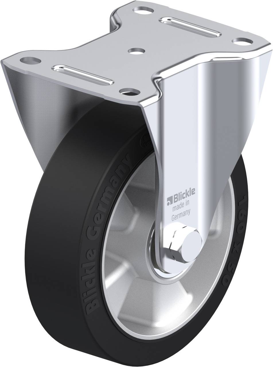 Metall-Lenkrolle mit schwarzem Rad; Aufschrift 'Blickle made in Germany' auf dem Rad. Enthält Montageplatte mit vier Schraublöchern.