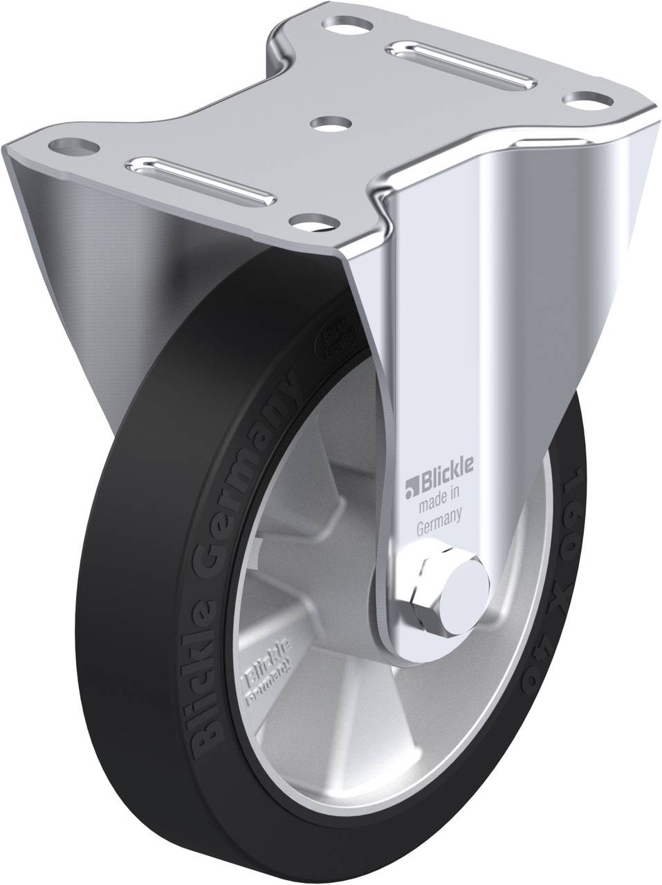 Stabile Transportrolle mit schwarzem Gummirad und silbernem Metallgehäuse. Markenname und Herkunftsland sind sichtbar.