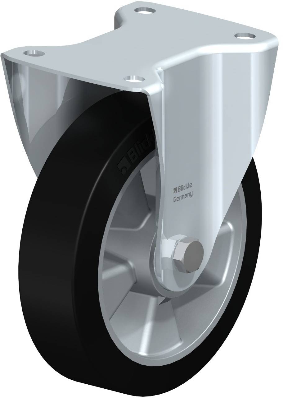 Industrie-Lenkrolle mit schwarzem Rad und silbernem Gehäuse, geeignet für schwere Lasten.