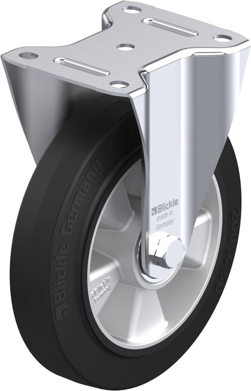 Industrie-Lenkrolle mit schwarzem Gummirad und silbernem Metallgehäuse. Geeignet für schwere Lasten und glatte Böden.
