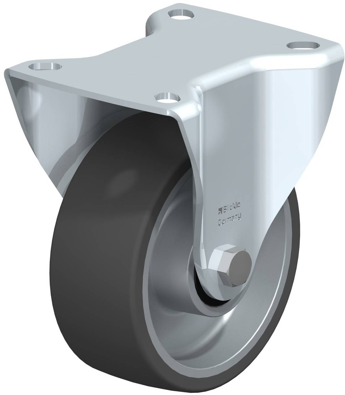 Stabiler grauer Lenkrollenreifen aus Metall und Kunststoff, geeignet für schwere Lasten. Vier Befestigungslöcher für die Montage.