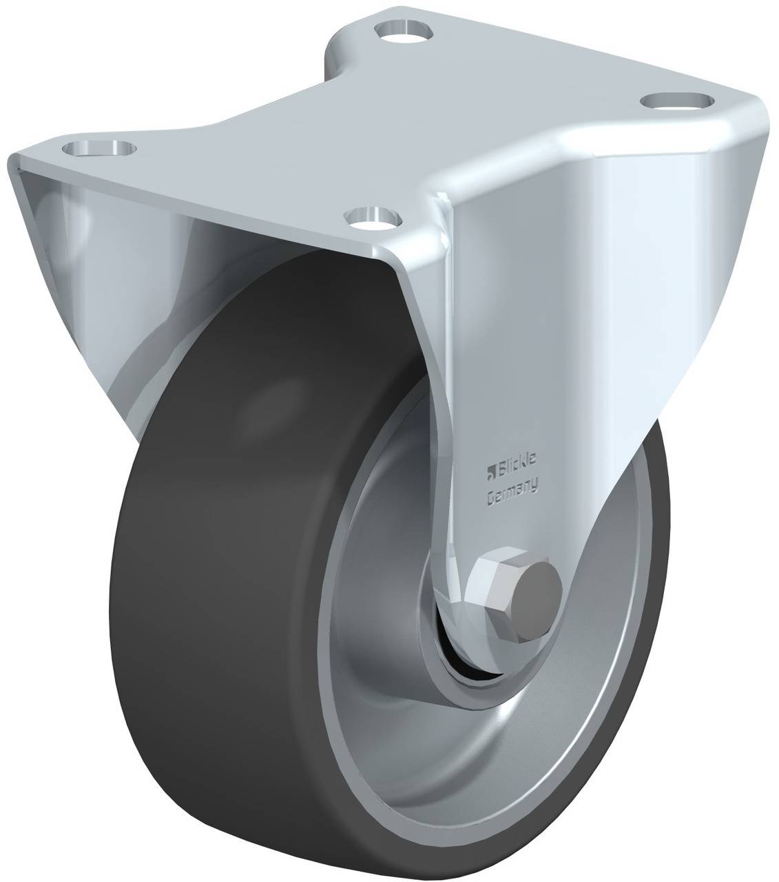 Metallrolle mit schwarzem Rad, geeignet für Möbel oder Geräte. Schraubplatte zur Befestigung an der Oberseite.