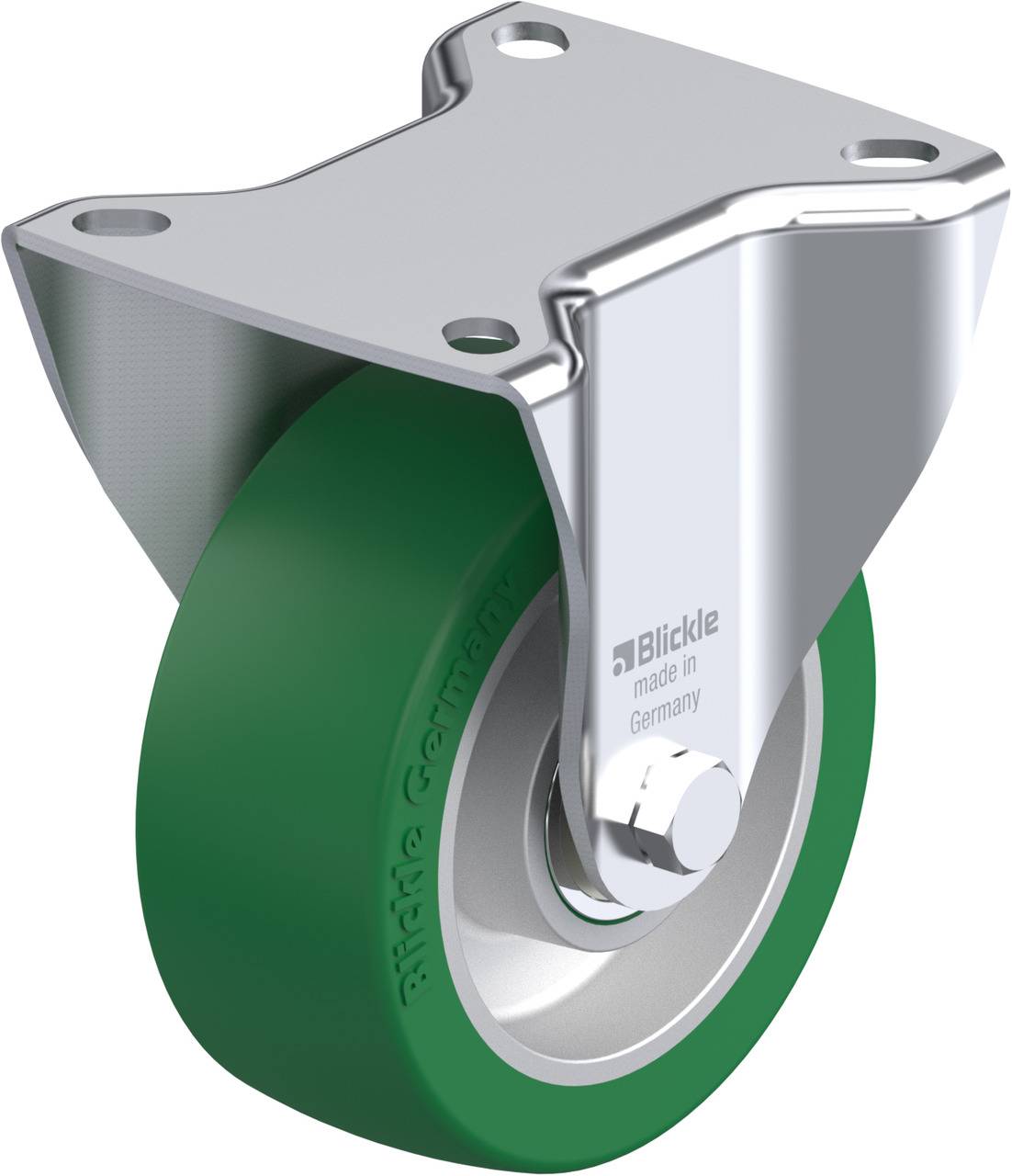 Metallenes Lenkrollenrad mit grünem Rad und Befestigungsplatte. Aufschrift 'Blickle made in Germany'.