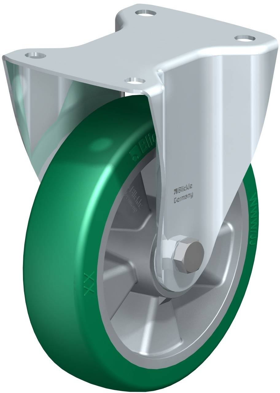 Eine Lenkkrolle mit grünem Rad und silberner Halterung. Geeignet für Wagen oder Möbel, um einfache Bewegung zu ermöglichen.