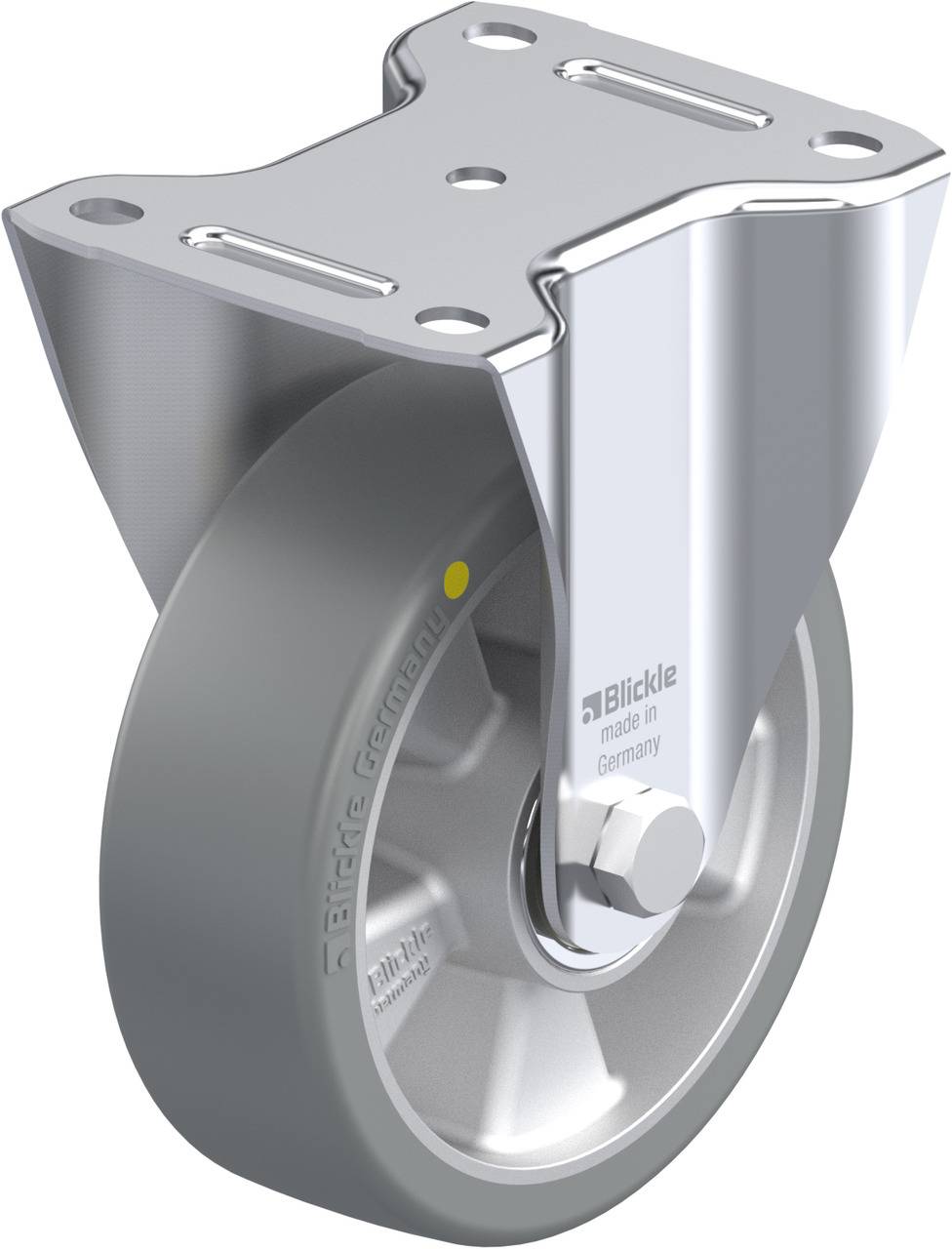 Rolle aus Metall mit Befestigungsplatte, geeignet für den industriellen Gebrauch, mit Aufschrift 'Blickle Made in Germany'.