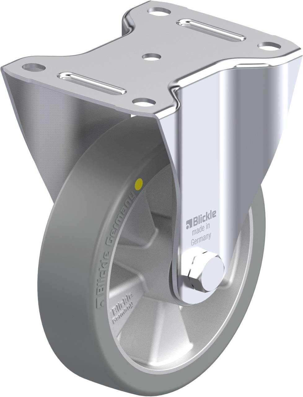 Metallrolle mit Befestigungsplatte, Aufschrift 'Blickle made in Germany', glänzende Oberfläche, robuste Konstruktion für Industrieeinsatz.