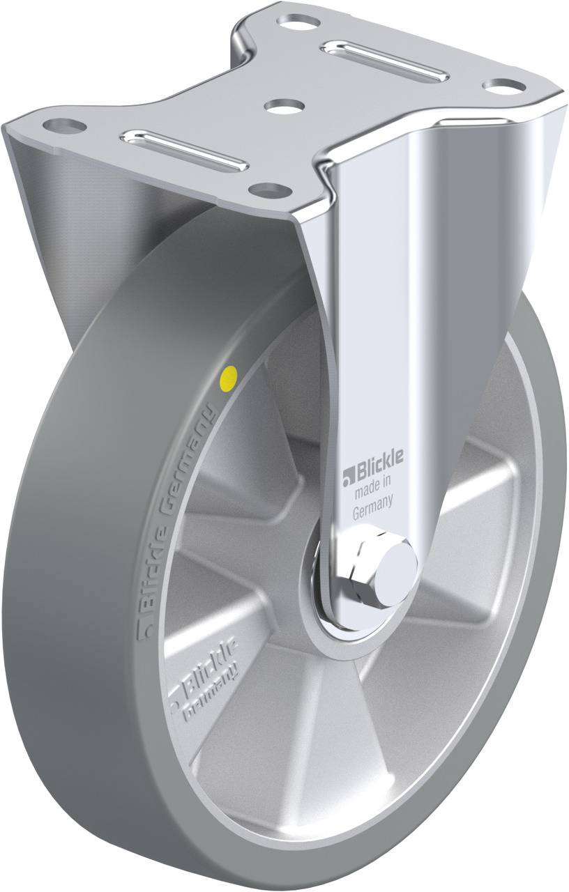 Industrielle Schwerlastrolle aus Metall und Gummi, hergestellt von Blickle in Deutschland, mit einem stabilen Plattenbefestigungssystem.
