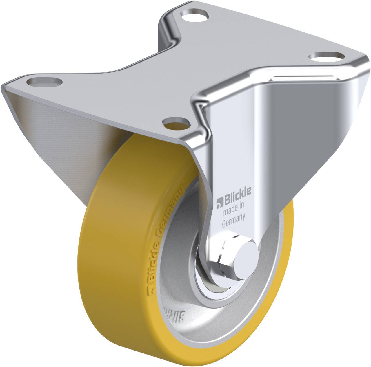 Industrie-Rolle aus Metall mit gelbem Rad und Befestigungsplatte. Auf der Seite steht 'Blickle made in Germany'.