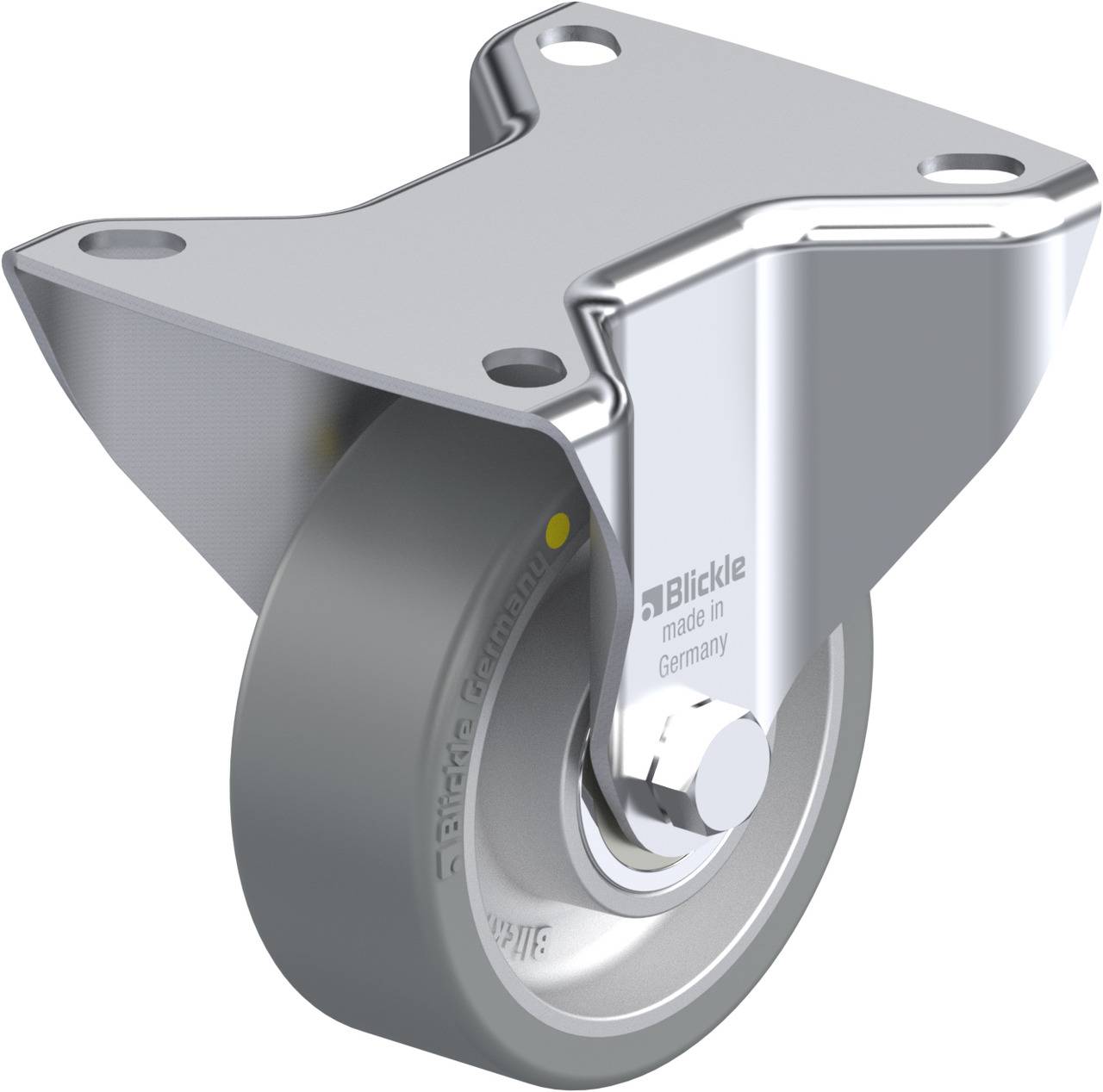 Ein drehbares Rollenrad aus Metall und Gummi, mit Halterung, meist verwendet für Möbel oder Transportgeräte, 'made in Germany'.