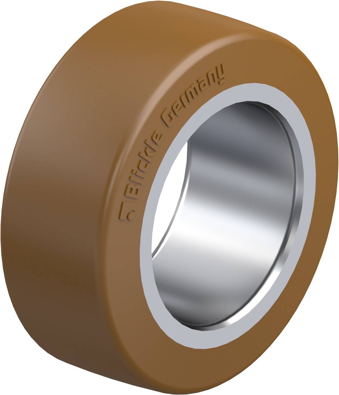 'Beige Rolle mit Metallkern. Gravur auf dem Gummi: 'Germany'.'