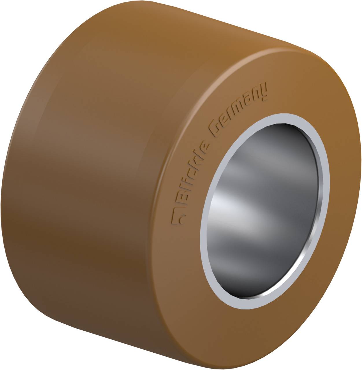 Braunes Polyurethanrad mit glänzendem, metallischem Innenlager.