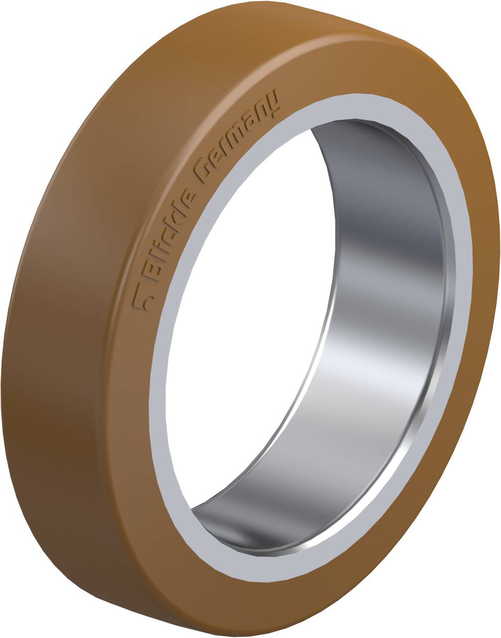 Ein brauner Dichtungsgummi mit silbernem Innenring, Seitenansicht. Text auf der Oberfläche: 'Elring Germany'.