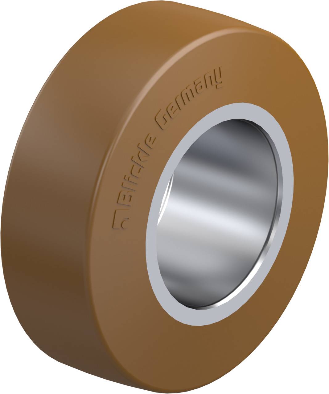 Braunes technisches Rad mit silbernem Zentrum und Prägung, wahrscheinlich für industrielle Anwendungen gedacht.