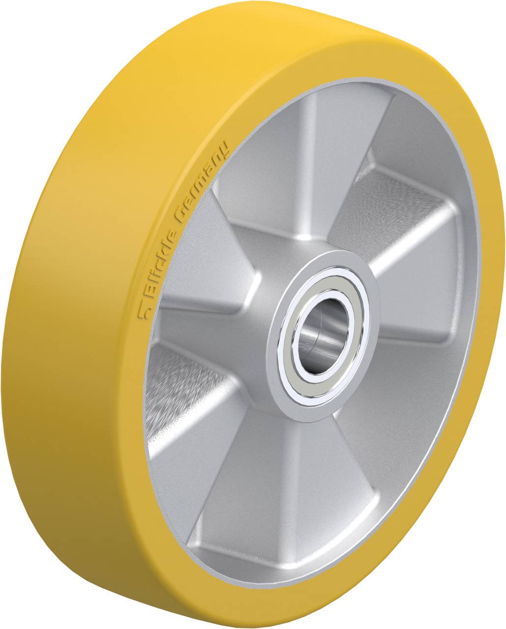 Industrie-Laufrad mit gelbem Gummimantel und silberner Radnabe, geeignet für Transportrollen oder Maschinenbauanwendungen.