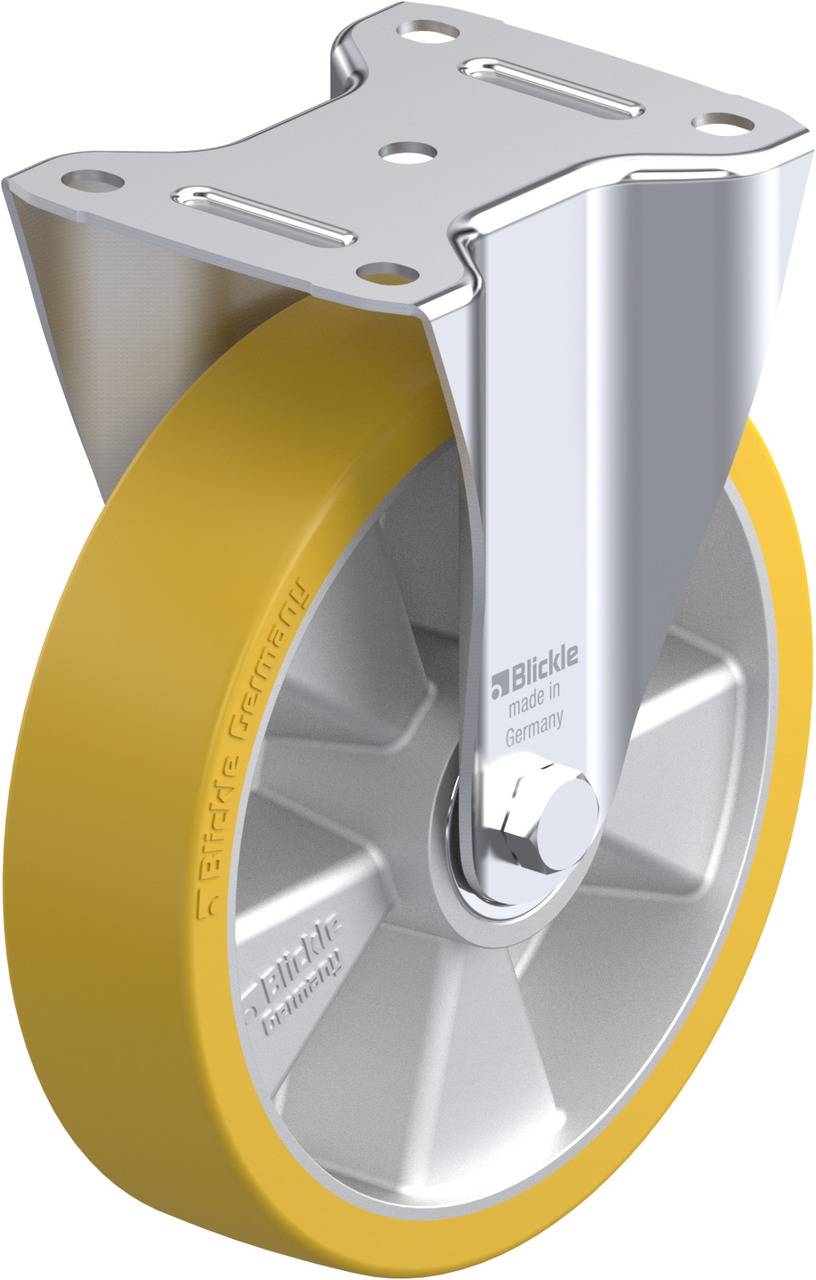 Industrielles Laufrolle mit gelbem Rad und silbernem Gehäuse, geeignet für schwere Lasten. Hergestellt in Deutschland von Blickle.