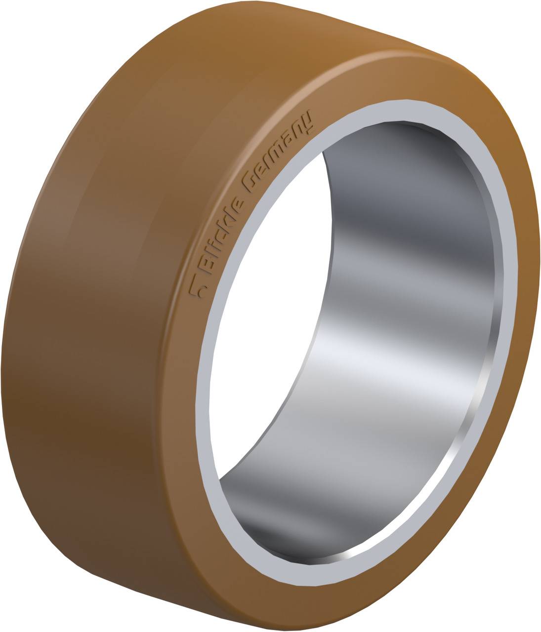 Braunes Rad oder Rolle mit metallischer Innenseite, hergestellt in Deutschland, für industrielle Anwendungen.