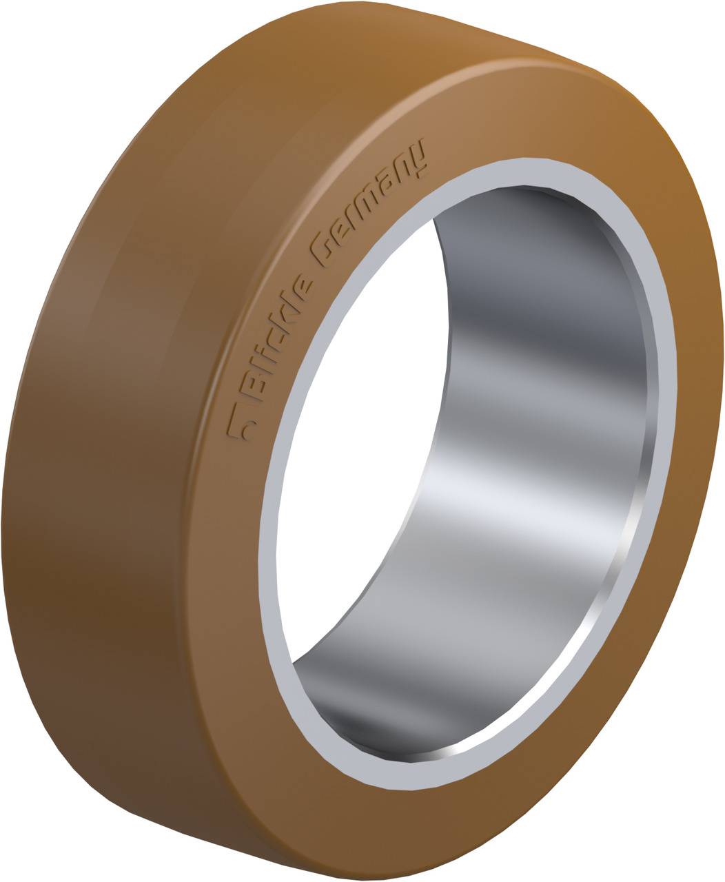 Ein braunes, zylindrisches Bauteil mit glänzender Metallinnenseite, möglicherweise ein Lager oder Dichtungsring, mit Gravur.