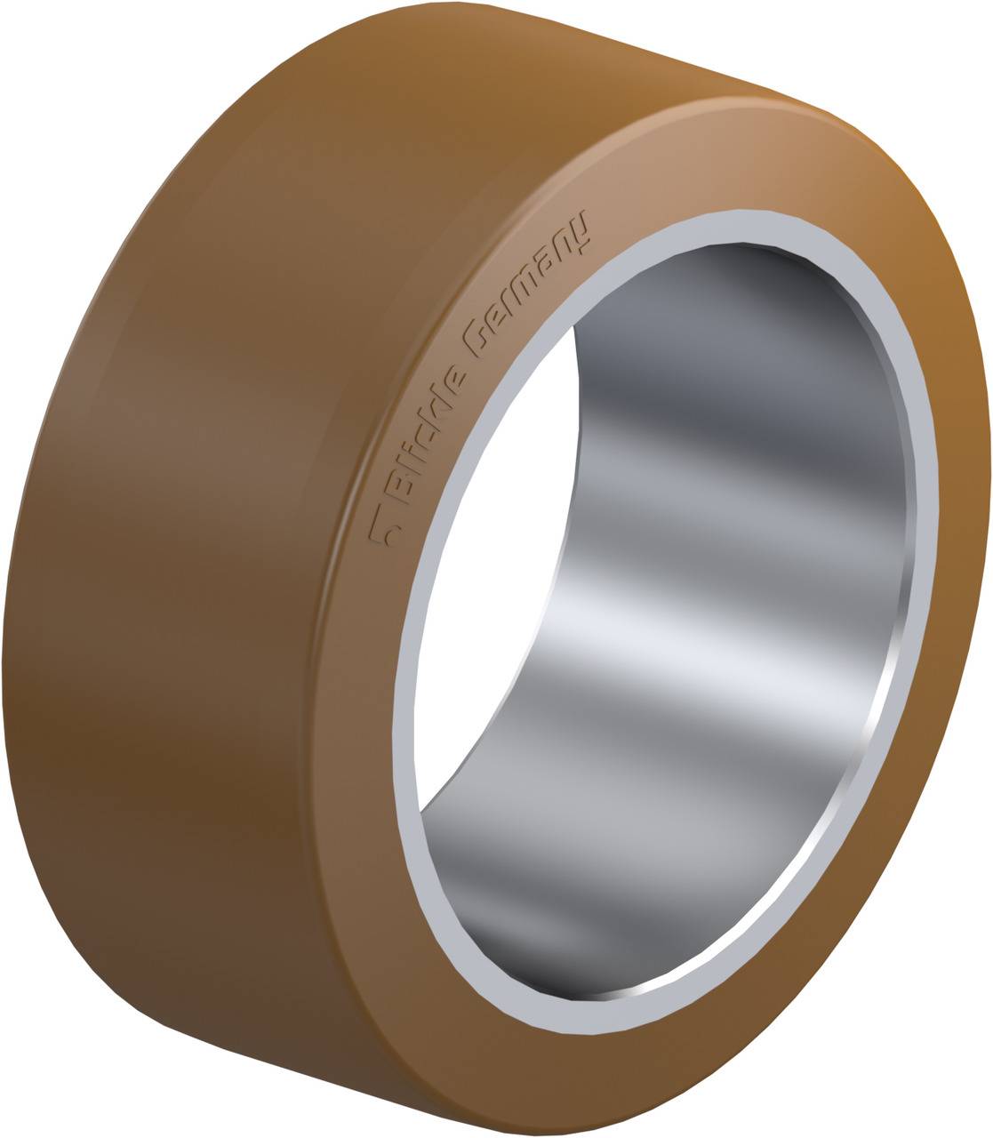 Braunes Polyurethan-Rad mit silbernem Stahlkern, seitlich graviert mit 'Elastika Germany'.