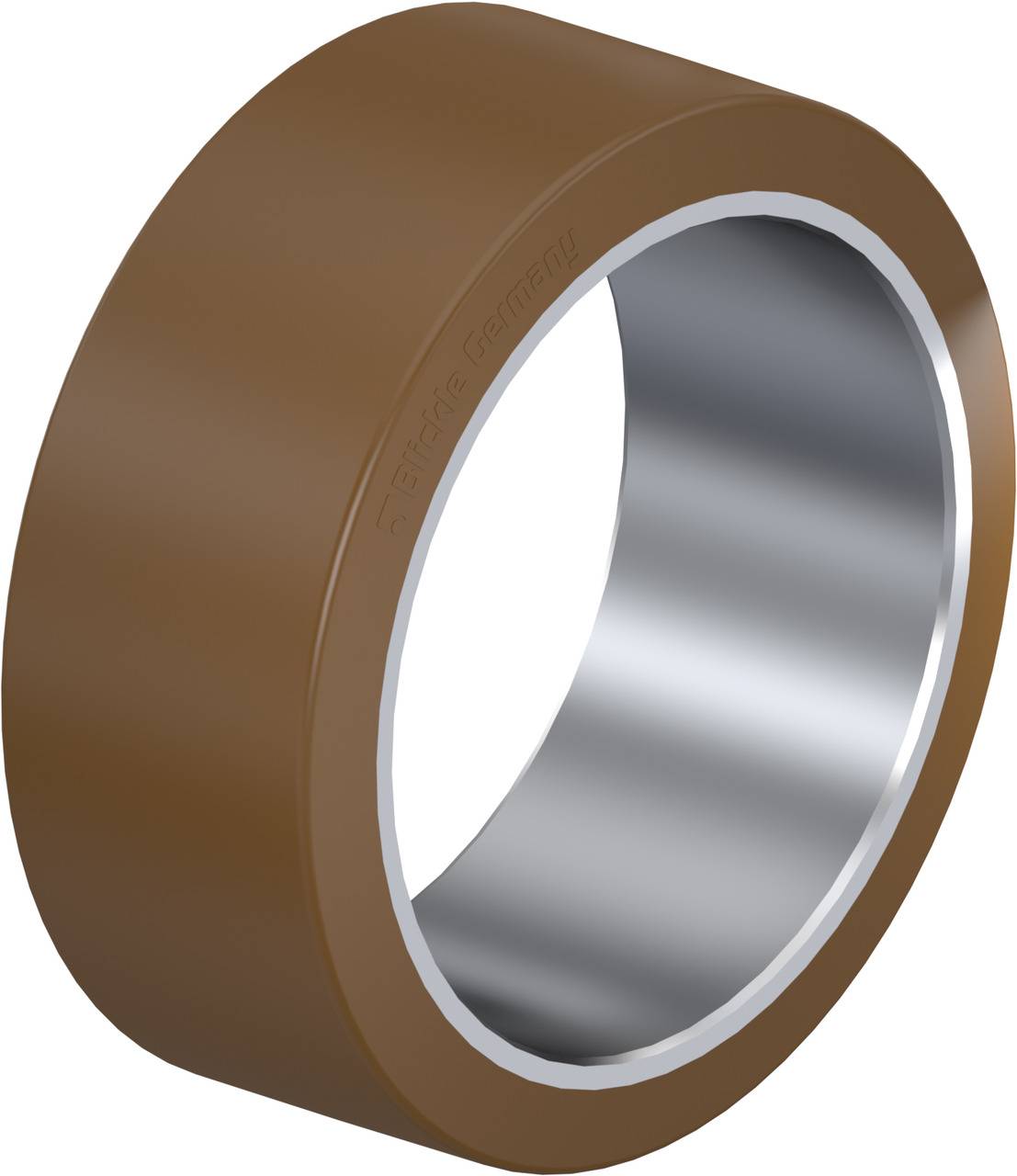 Braunes Kunststoff-Klebeband mit glänzender Innenseite, in Ringform. Wird häufig zum Verpacken oder Versiegeln verwendet.