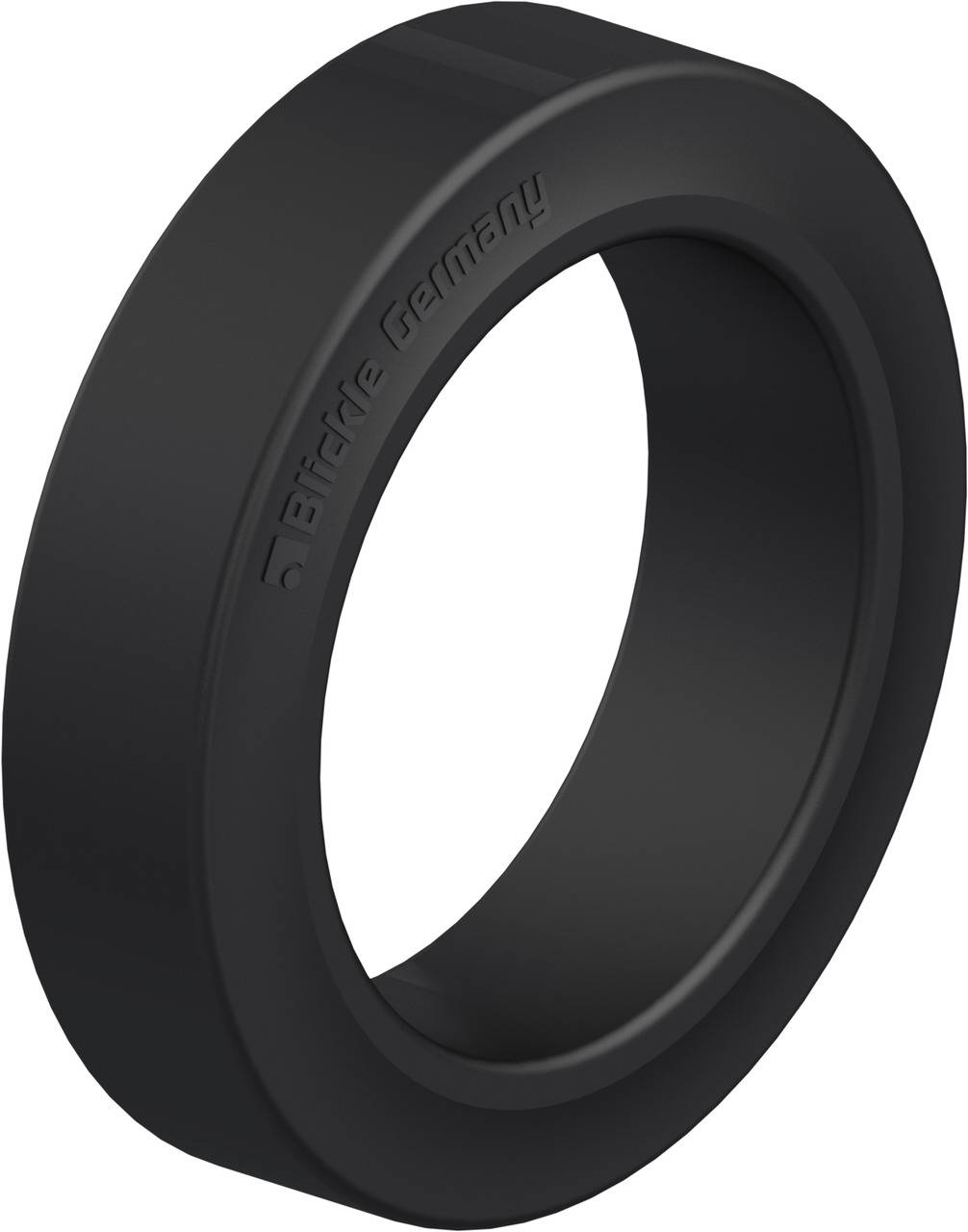Schwarzer Dichtungsring mit seitlichem Schriftzug 'Bürkle Germany', 3D-Ansicht, mit glatter Oberfläche und rundem Profil.