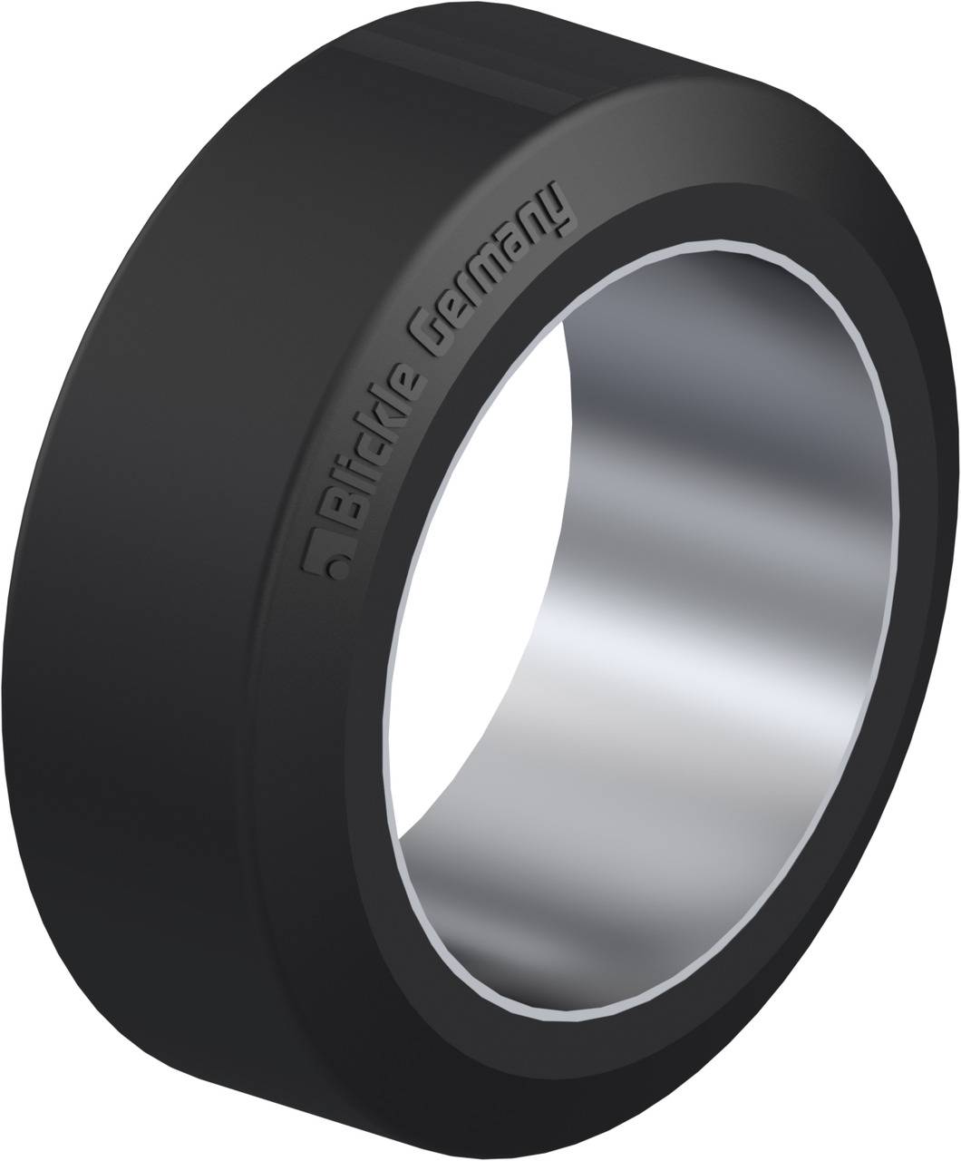 Schwarzes Gummirad mit silberner Metallinnenseite, Seitenansicht. Gravur 'Blickle Germany' ist sichtbar.
