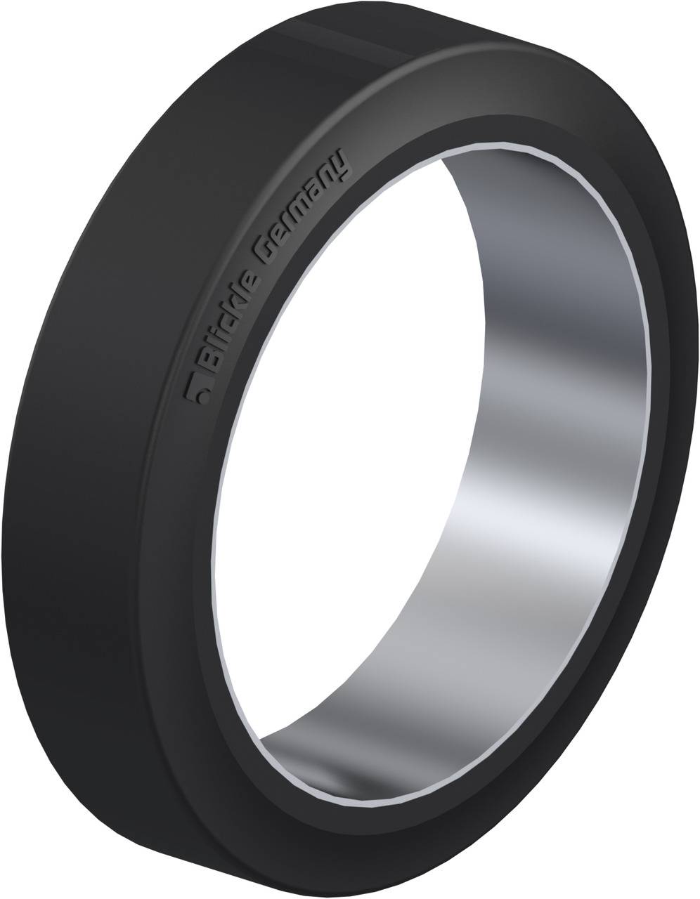 Ein schwarzes Dichtungsring aus Gummi mit glatter Oberfläche, von außen zylindrisch und ein glänzendes Metall-Innenband.