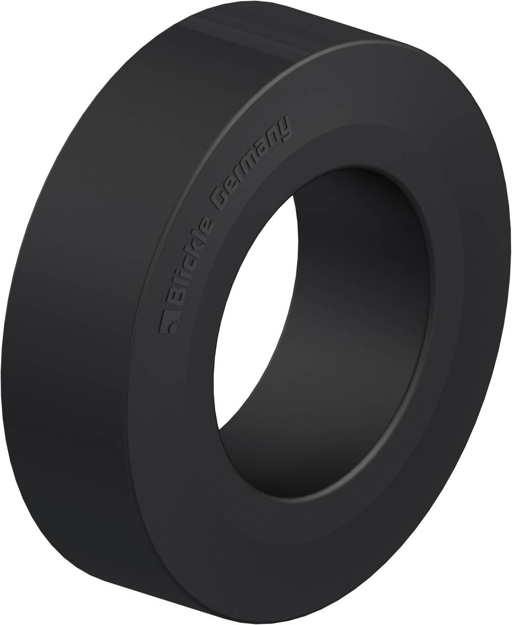 Ein schwarzer, runder Massivreifen mit seitlicher Prägung.