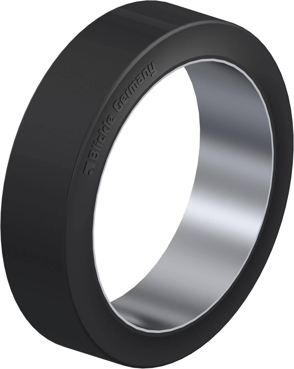 Ein schwarzer, zylindrischer Ring aus Kunststoff, mit silbernem Innenbereich, graviert mit 'Bielefeld Germany'.