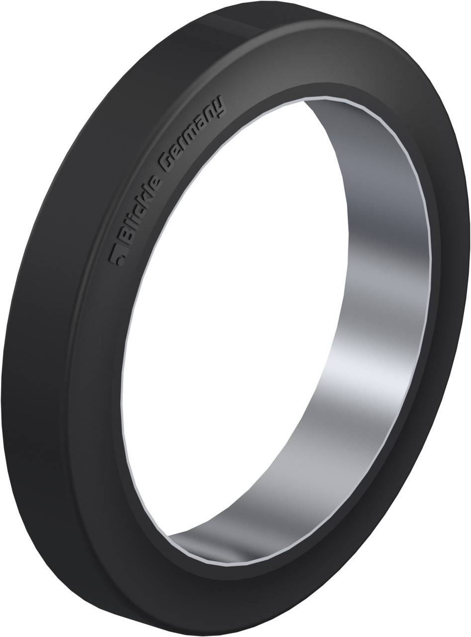 Ein schwarzer Dichtungssitzring mit einer glänzenden metallischen Innenfläche. Links oben ist 'Blickle Germany' eingraviert.