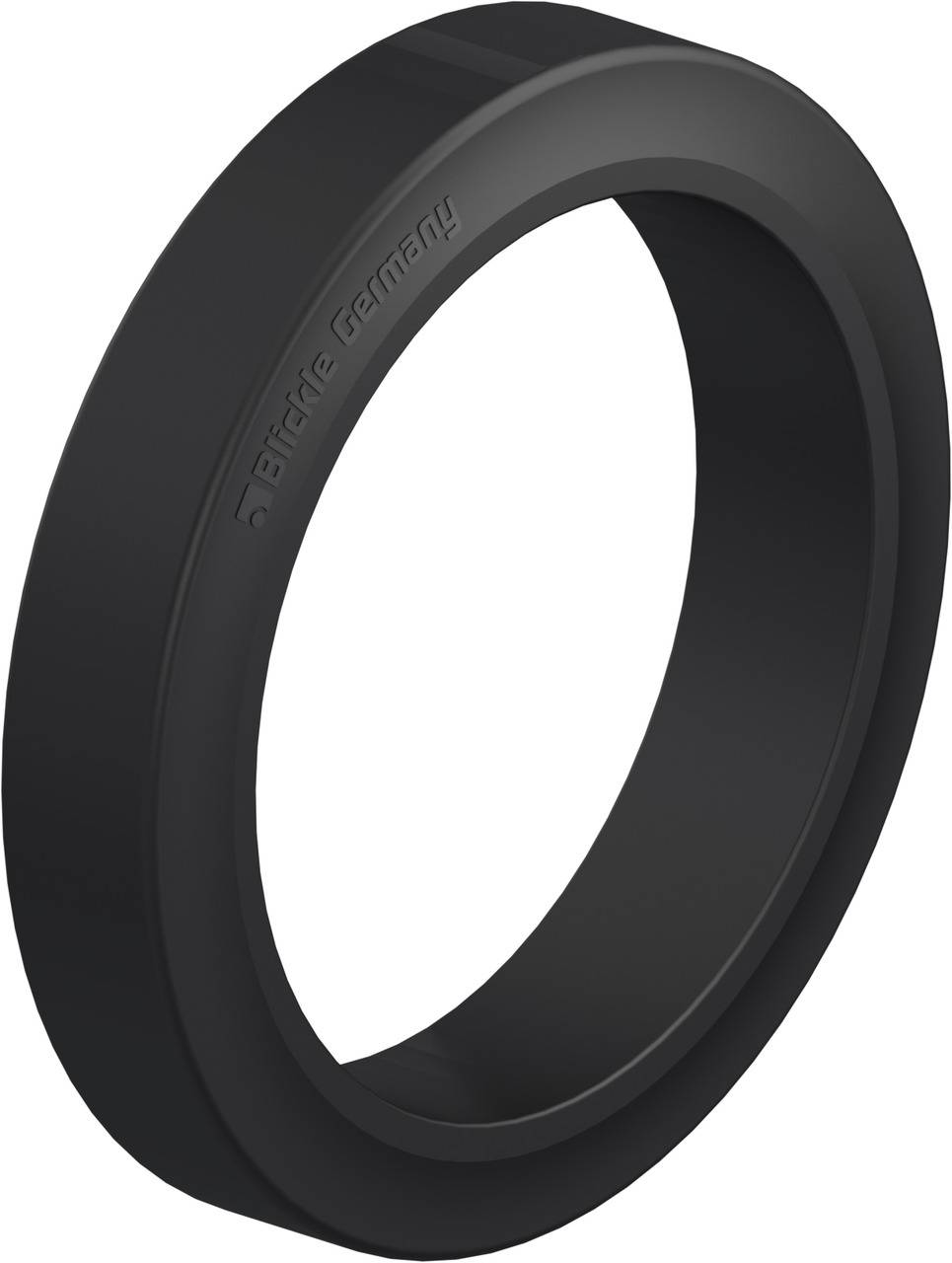 Schwarzer Gummiring, rund und glatt, mit der Aufschrift 'Blickle Germany' an der Seite. Geeignet als Ersatzteil oder Dichtungsteil.