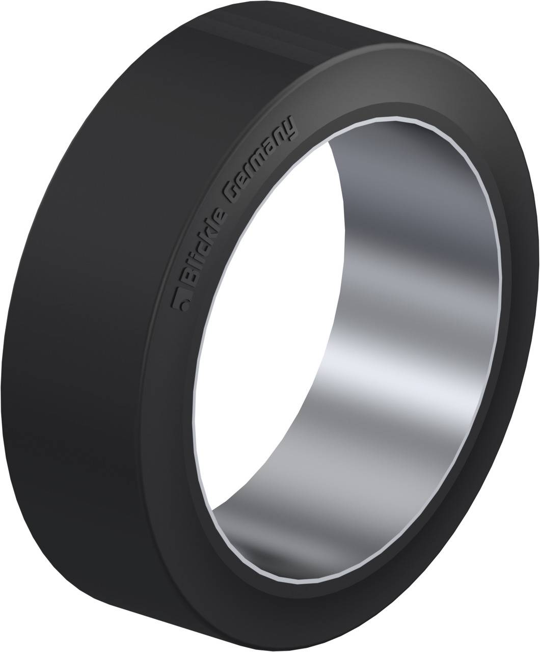 Schwarzer, gerippter Gummiring mit silberner Innenfläche, Aufschrift 'Blickle Germany' an der Außenkante.