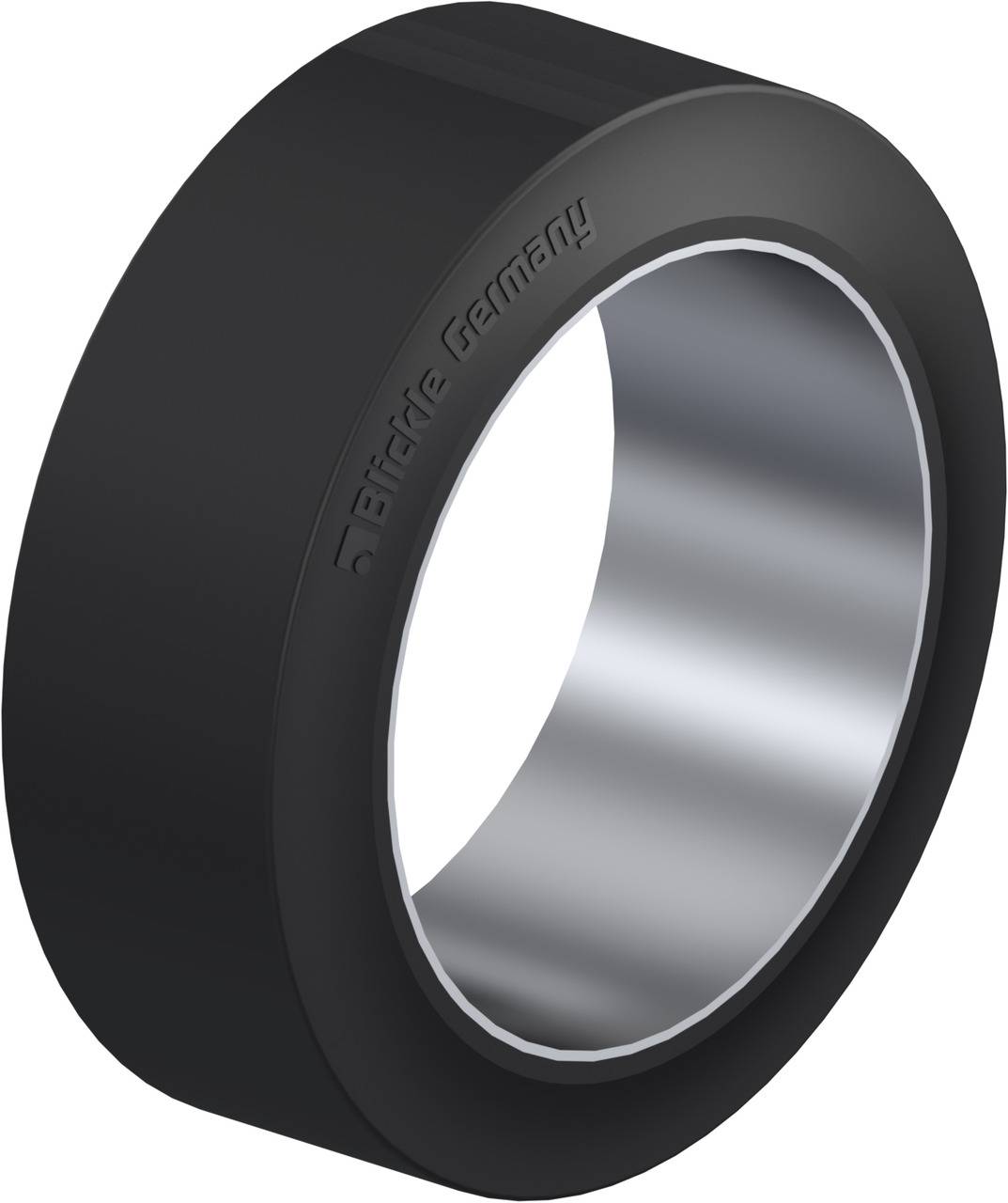 Schwarzer Dichtungsgummi mit glänzendem Metall-Innenring. Text 'Bredde Germany' eingraviert. Verwendet in technischen Anwendungen.