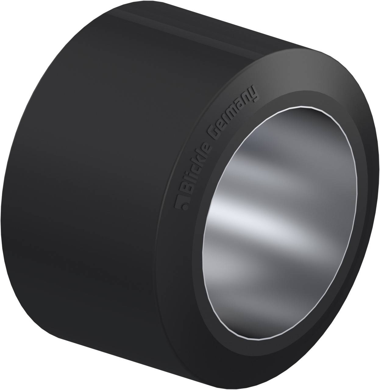 Schwarze Rolle mit glatter Oberfläche, zeigt Industriedesign und Qualität; Beschriftung 'Blickle Germany' auf der Seite sichtbar.