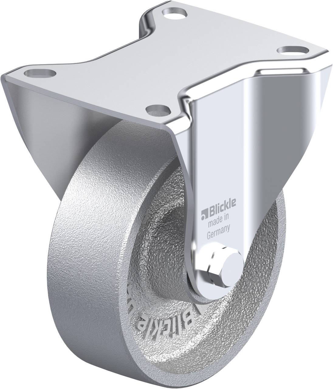 Metallisches Rad mit Befestigungsplatte, geeignet für Schwerlastanwendungen. Markiert mit 'Blickle made in Germany'.