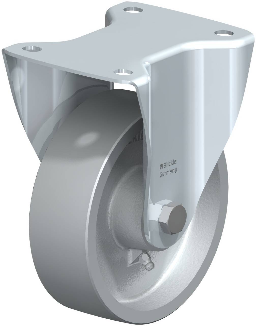 Industrielle Lenkrolle aus Metall mit Halterung, geeignet für schwere Lasten.