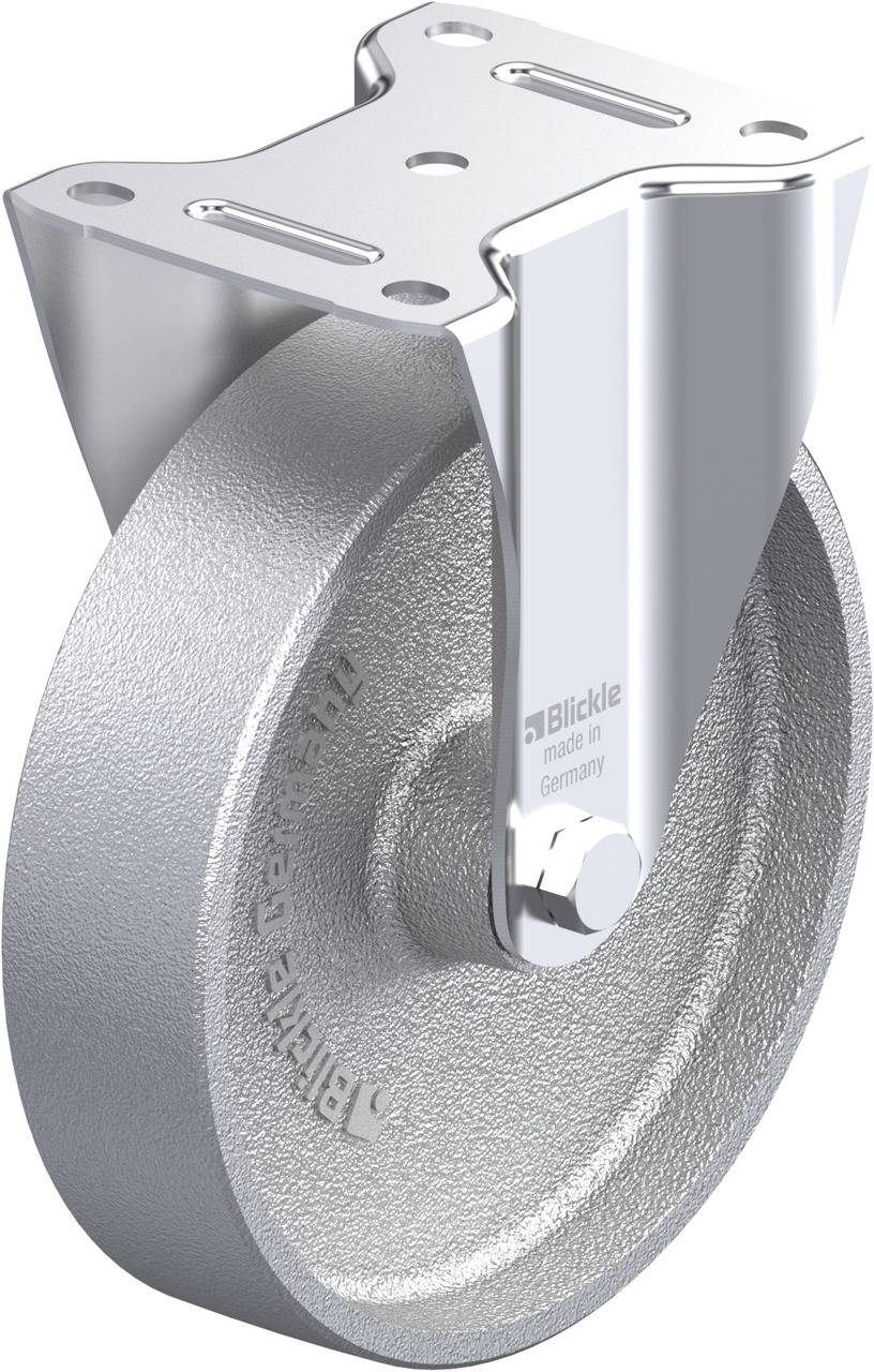 Ein Metallrad mit Halterung, geeignet für industrielle Anwendungen. Oberfläche ist glatt und glänzend, zeigt Robustheit und Langlebigkeit.