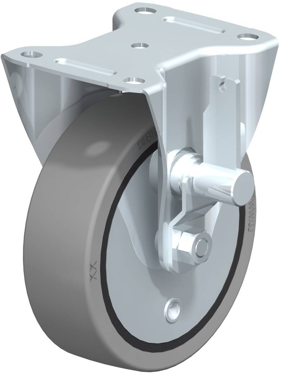 Industrie-Lenkrolle aus Metall und Kunststoff mit stoßgedämpfter Federung, geeignet für schwere Lasten und industrielle Anwendungen.
