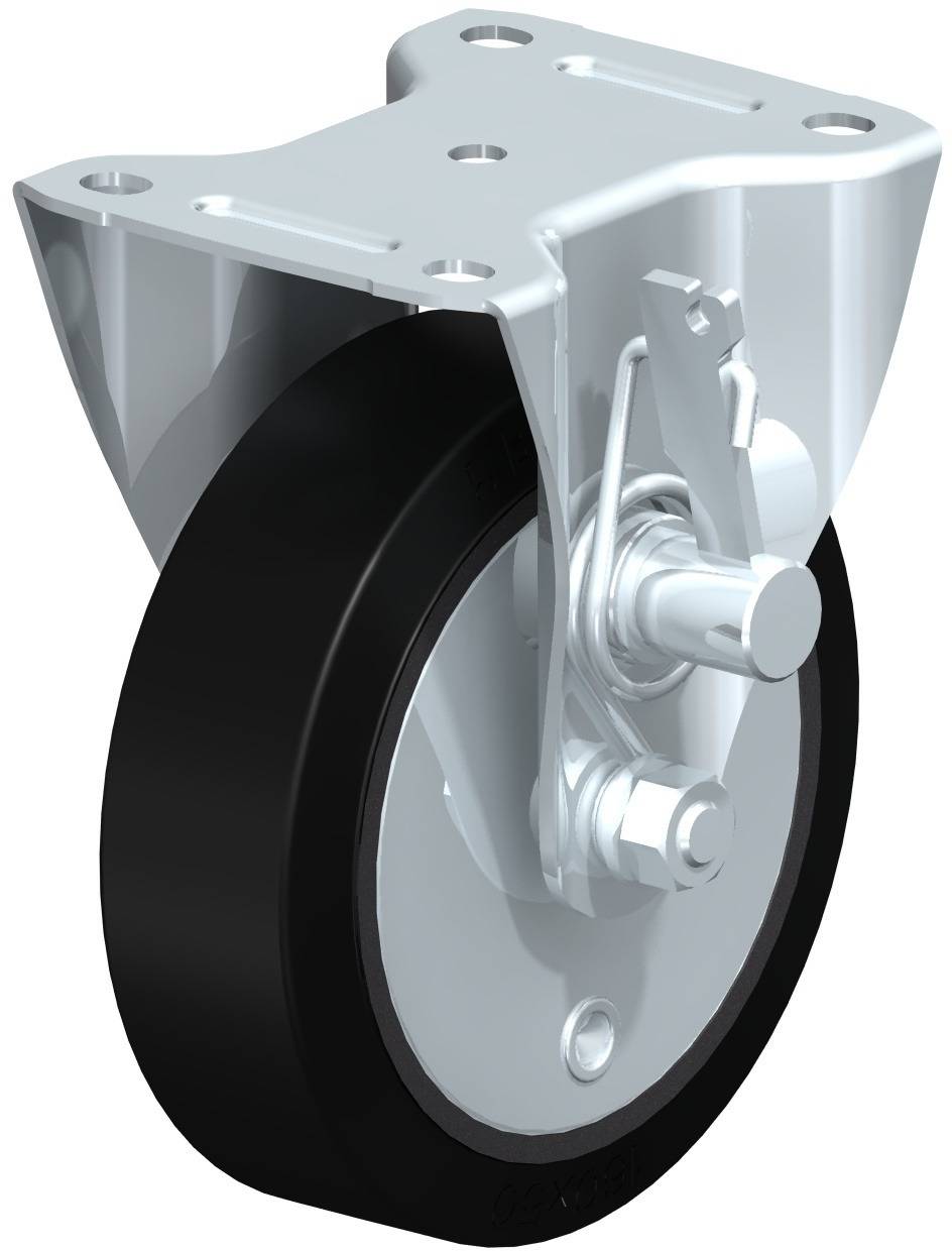 Industrielle Lenkrolle mit schwarzem Rad und silbernem Gehäuse, geeignet für schwere Lasten.