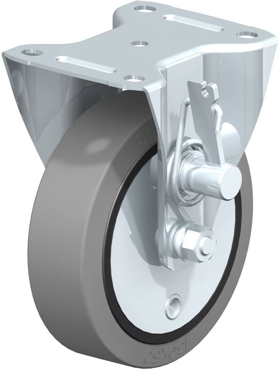 Industrie-Lenkrolle mit grauem Rad, Metallgehäuse und Feststeller. Verwendet für Beweglichkeit in schweren Geräten oder Regalen.