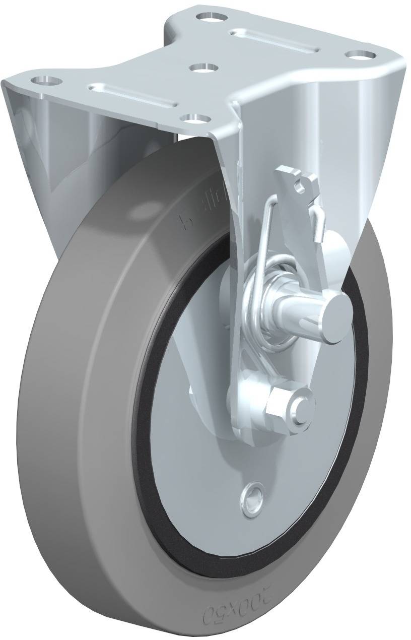 Industrielles Lenkrolle aus Metall und Gummi, montiert an Halterung. Geeignet für schwere Lasten und gleichmäßiges Rollen.