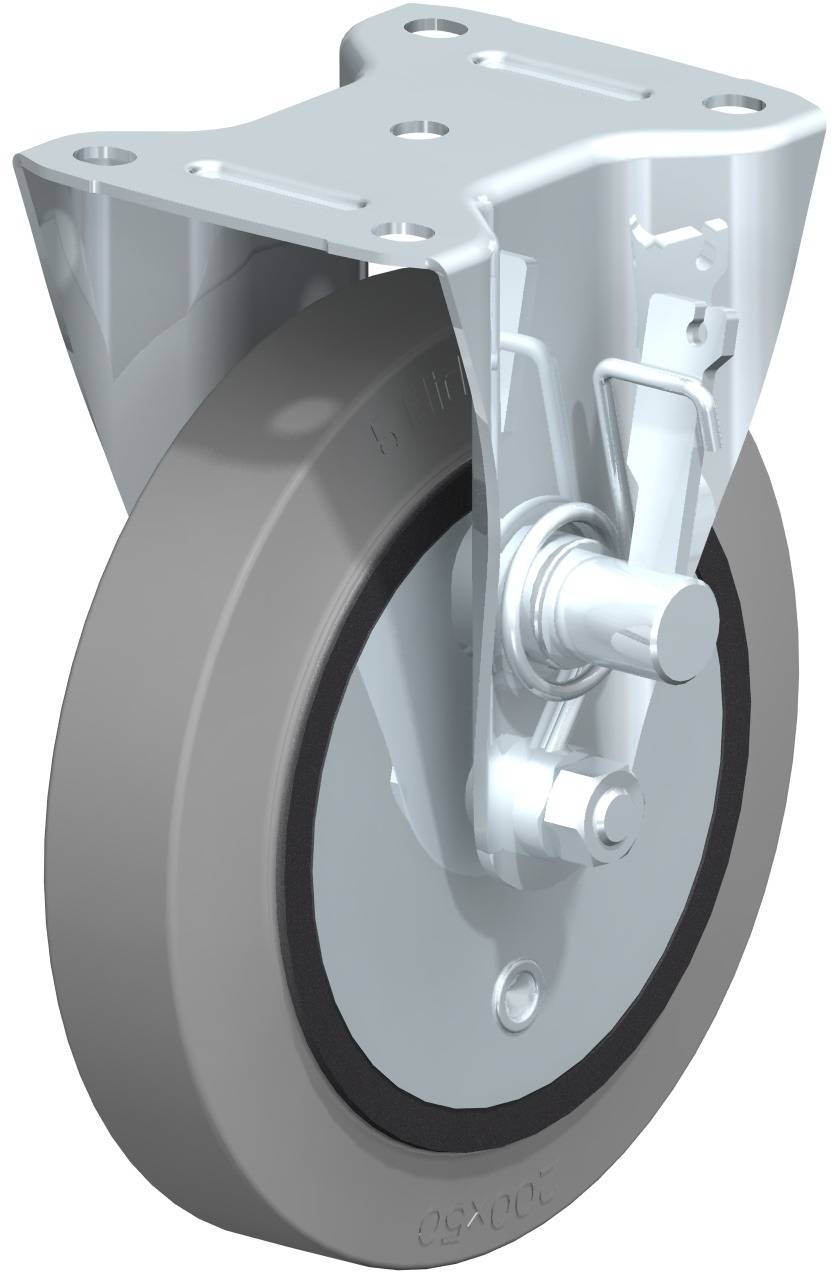 Industrie-Rad mit Halterung aus Metall, graues Gummi, geeignet für schwere Lasten.